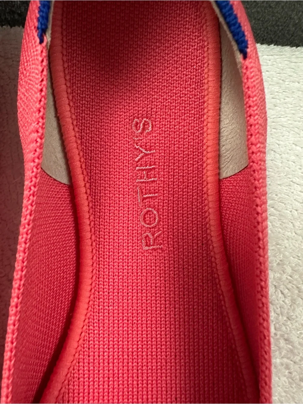Rothy's Coral Knit Slip-On Flats with Blue Trim